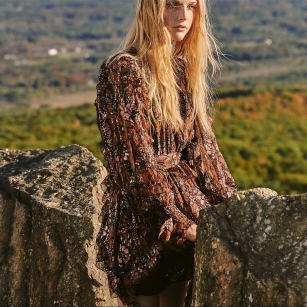 Ulla Johnson 4 Natalia silk long sleeve brown gold  dress lurex boho romantic - Picture 3 of 8